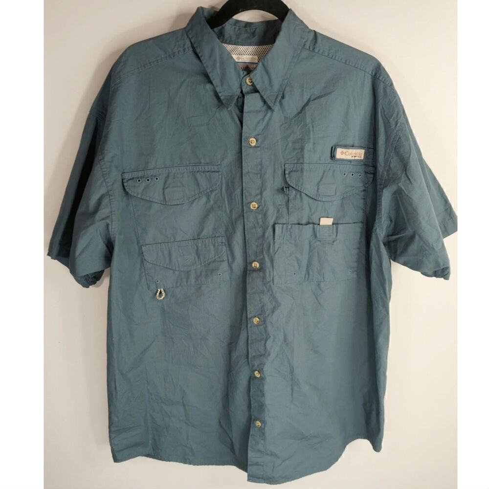 Columbia PFG Men's Solid Cotton Short Sleeve Button Down Shirt Blue Size Large